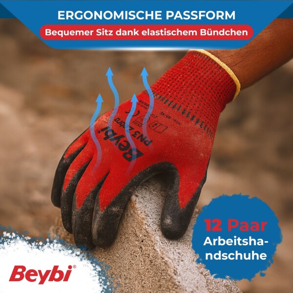 Beybi | 12 pairs of work gloves - polyester, nitrile 1/2 coated, non-slip