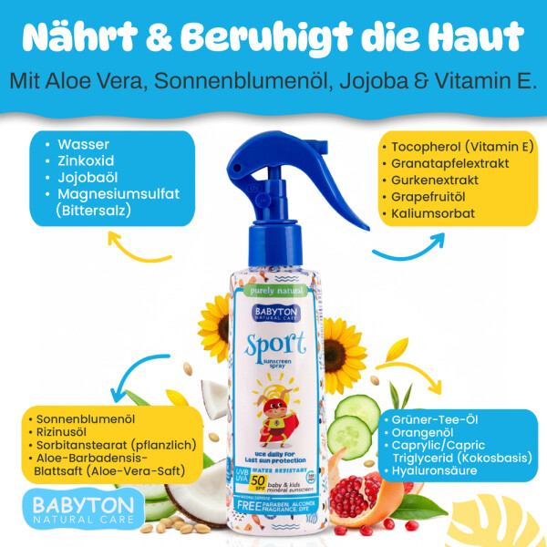 Babyton Kids Sunscreen SPF 50 Spray | Mineral, Water-resistant, Sensitive Skin