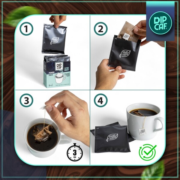 Pacote com 5 sachês de café Dipcaf® Power Coffee | Café filtrado intenso – Conjunto para presente de 50g