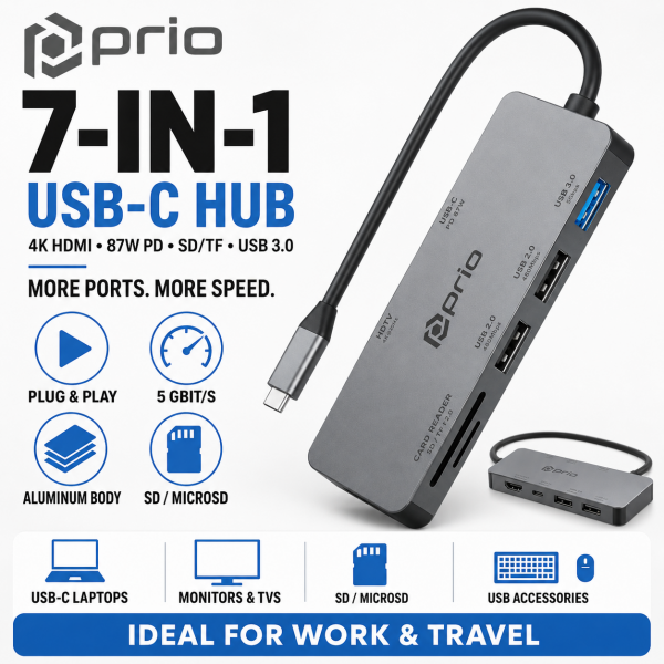 prio 7-in-1 USB C Multiport Hub Adapter – 4K HDMI, Card Reader, SD/TF, USB for PC & Switch