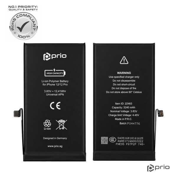 Prio Vysokokapacitní baterie pro iPhone 12/12 Pro (3240 mAh) – Univerzální APN –