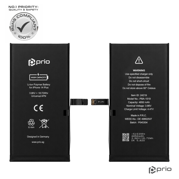 Bateria prior de alta capacidade para iPhone 14 Plus (4850 mAh) - APN universal -