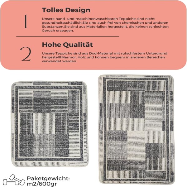 Set de tapis de bain antidérapants Miqna, 2 pièces, lavables (60x100 et 50x60 cm)