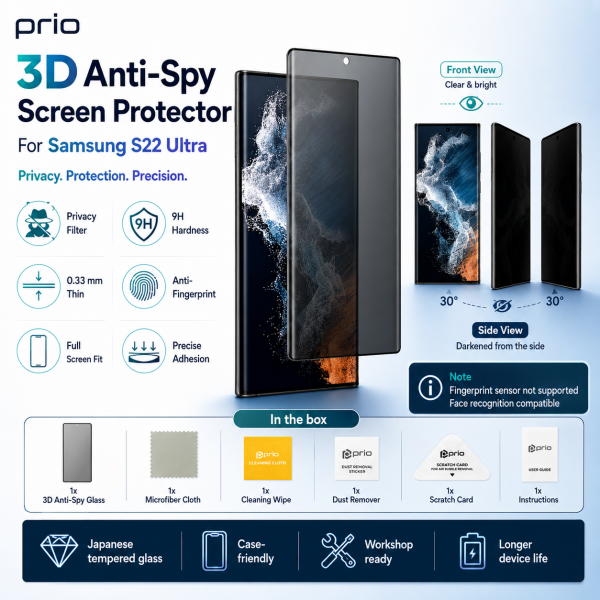 prio 3D Anti-Spy Tempered Glass for Samsung S22 Ultra black