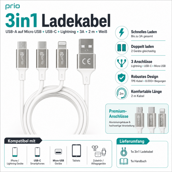 Prio 3v1 Micro USB &amp; USB C &amp; Lightning to USB A kabel 3A 2m bílý