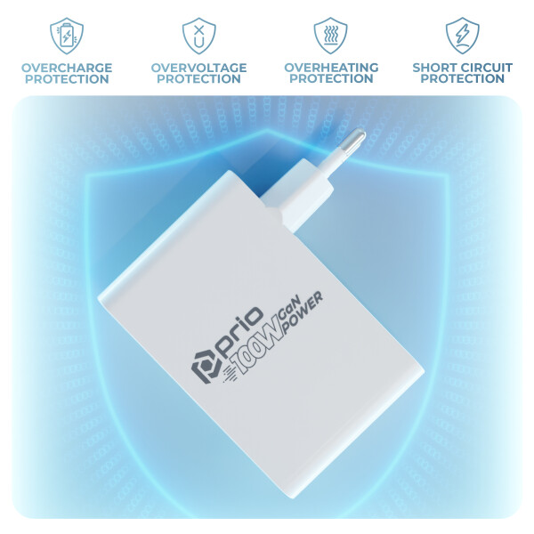 prio 100W GaN Power Charger PD PPS (USB C) + QC 3.0 (USB A) white