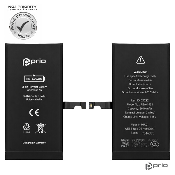 Batería prio de alta capacidad para iPhone 15 (3640 mAh) - APN universal -