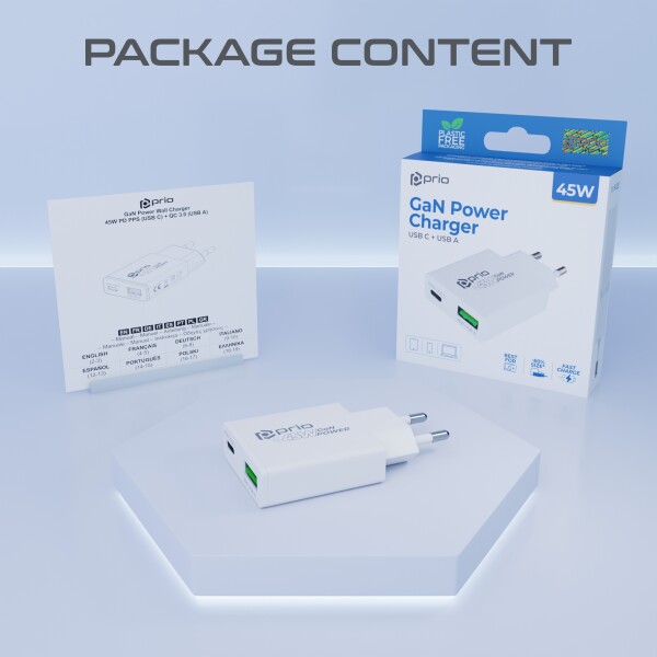 Cargador de energía GaN prio 45W PD PPS (USB C) + QC 3.0 (USB A) blanco