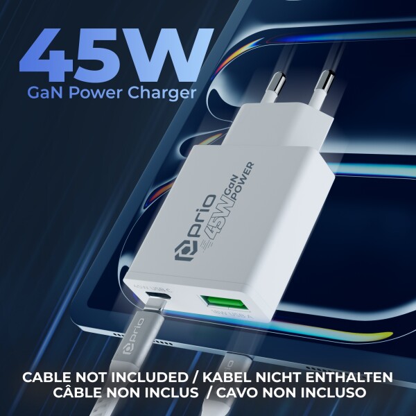 Cargador de energía GaN prio 45W PD PPS (USB C) + QC 3.0 (USB A) blanco