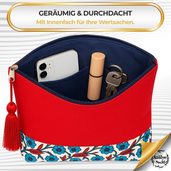 Women's toiletry bag, cosmetic bag, red, ethnic pattern, 32x24 cm