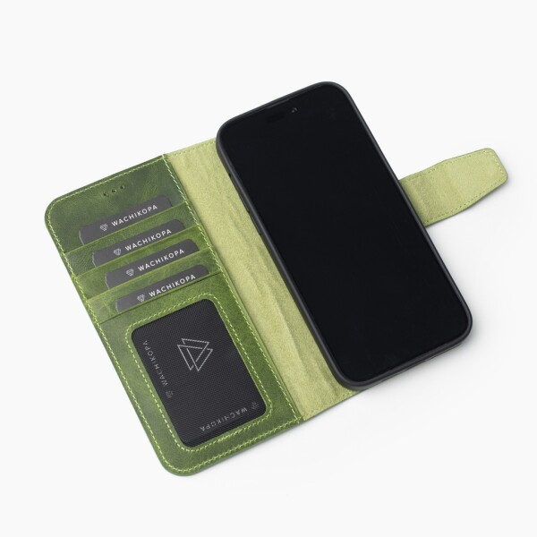 Funda de cuero Wachikopa para iPhone 15 Pro con ranura para tarjetas y función atril