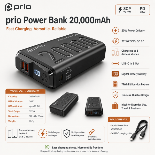 prio Fast Charge (22.5W SCP/20W PD/ QC3.0) Power Bank 20.000mAh black