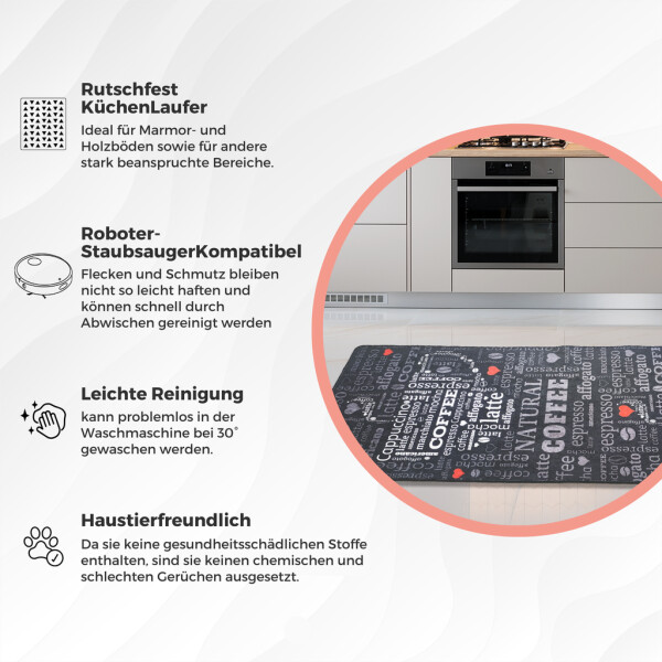 miqna Moderner Küchenteppich Gel Läufer Grau Weiß Schwarz Natural Coffee Design 60x150 cm
