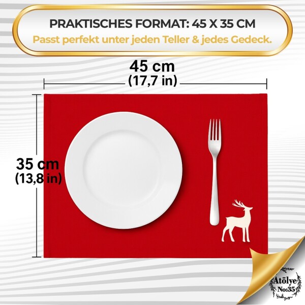 Christmas placemats, Set of 4 red gold reindeer embroidery, washable 45x35 cm