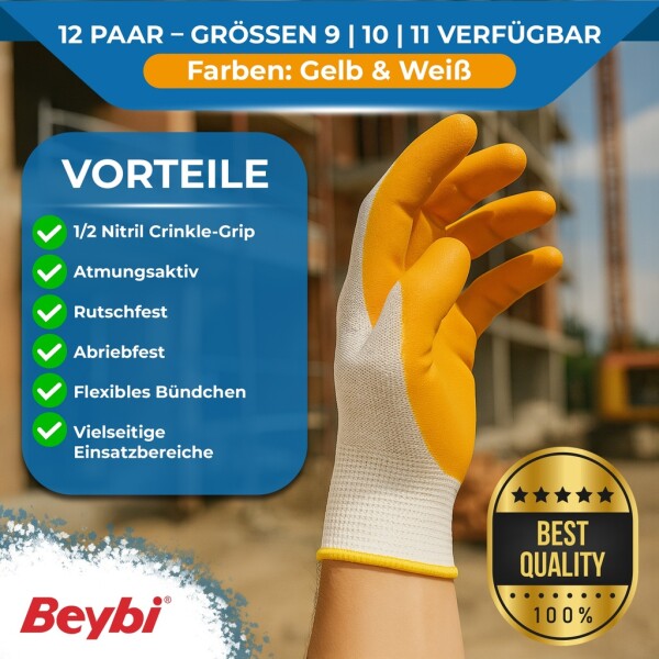 Beybi | 12 pairs of work gloves - polyester, nitrile 1/2 coating