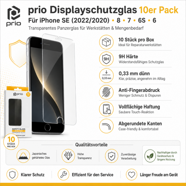 prio 10x Displayschutzglas für iPhone SE (2022/2020) 8 / 7 / 6S / 6 transparent | Panzerglas