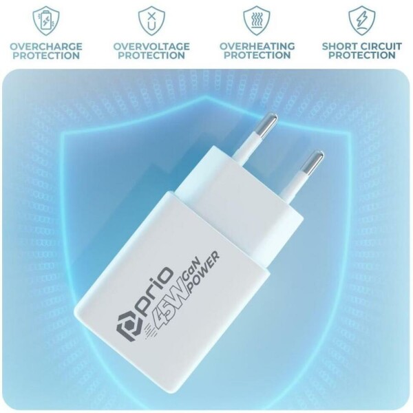 Chargeur secteur GaN 45 W Prio PD PPS (USB-C) + QC 3.0 (USB-A) blanc