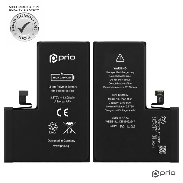 Batería de alta capacidad prio para iPhone 15 Pro (3370 mAh) - APN universal -