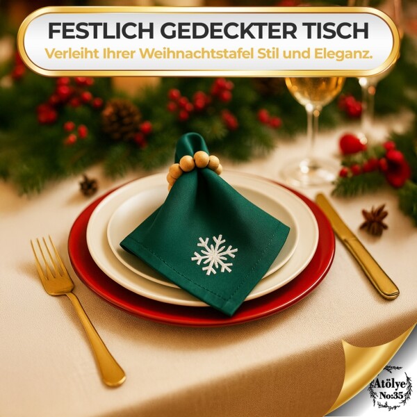 Christmas cloth napkins Set of 4, Zümrüt green, snowflake embroidery, 35x35 cm