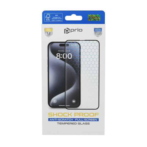 prio 3D Shock Proof Tempered Glass for iPhone 16/15 (6.1in) black