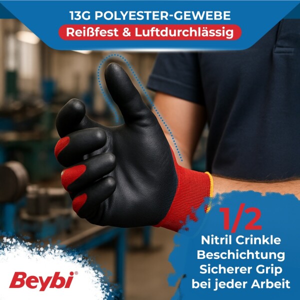 Beybi | 12 pairs of work gloves - polyester, nitrile 1/2 coating