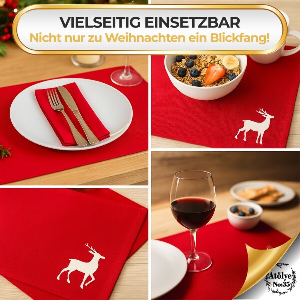 Christmas placemats, Set of 4 red gold reindeer embroidery, washable 45x35 cm