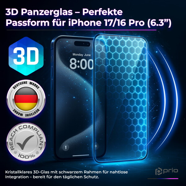 prio 3D Shock Proof Tempered Glass for iPhone 17/16 Pro (6.3in) black