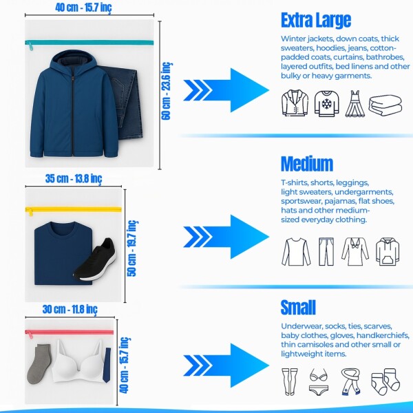 Zippered laundry bag Set 3, 40x60cm, 35x50cm, 30x40cm, laundry net