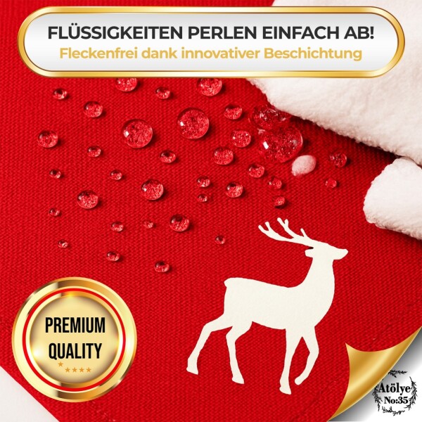 Christmas placemats, Set of 4 red gold reindeer embroidery, washable 45x35 cm