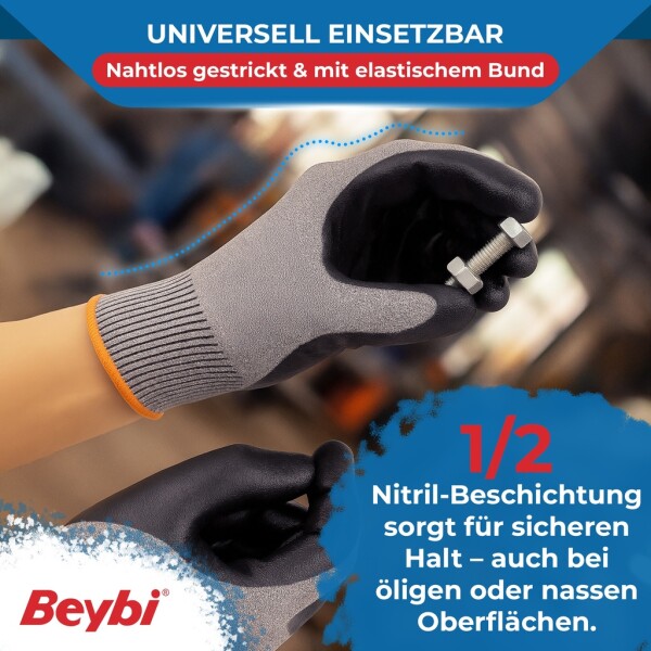 Beybi | 12 pairs of work gloves, nitrile 1/2 coated, robust