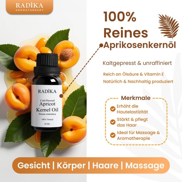 Apricot kernel oil, cold-pressed, 100% pure, organic, natural, 30 ml