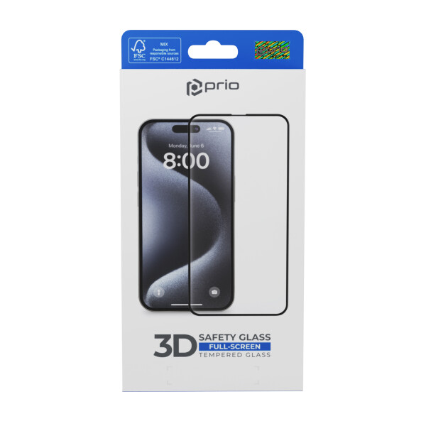 prio 3D Tempered Glass Screen Protector for iPhone 15 Pro Max black
