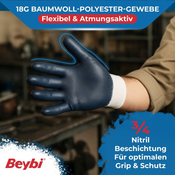 Beybi | 12 pairs of work gloves - cotton, 3/4 nitrile coated