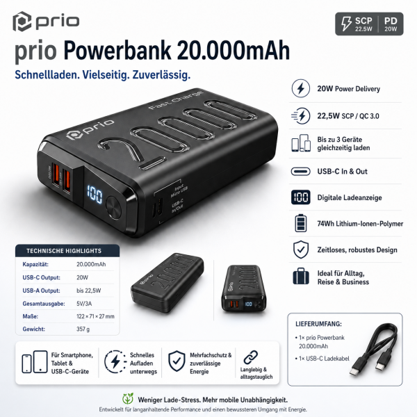 prio Fast Charge (22.5W SCP/20W PD/ QC3.0) Power Bank 20.000mAh black