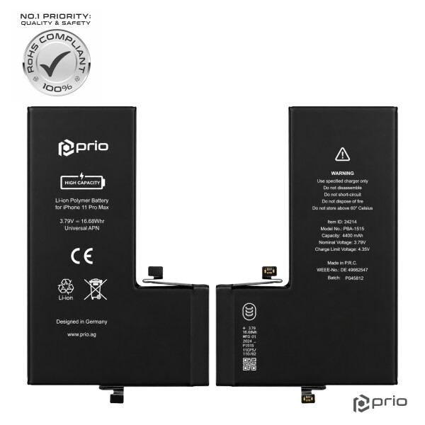 Bateria prior de alta capacidade para iPhone 11 Pro Max (4400 mAh) - APN universal -