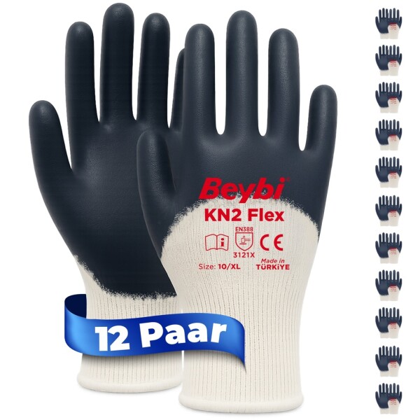 Beybi | 12 pairs of work gloves - cotton, 3/4 nitrile coated