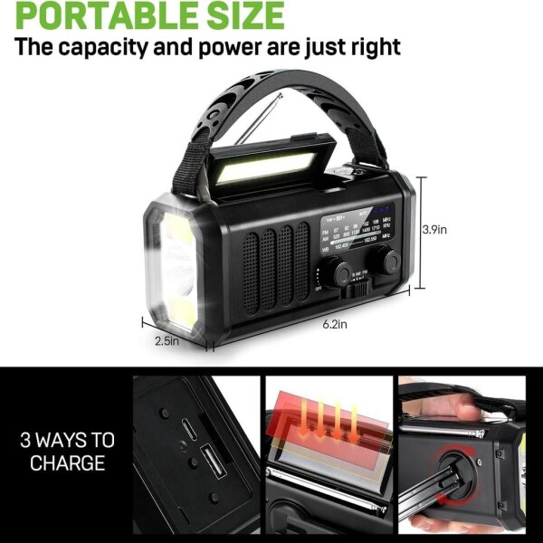 UFUZON Ishiva 10000mAh Emergency Solar Radio, Hand Crank and Battery Operated