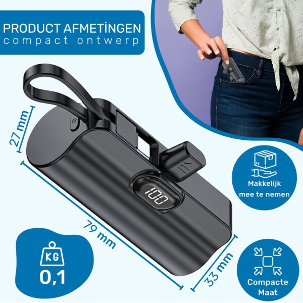 UFUZON Ishiva Mini Power Bank 5000 mAh USB-C, Wireless Portable Charger