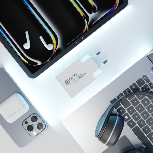 Cargador de energía GaN prio 45W PD PPS (USB C) + QC 3.0 (USB A) blanco