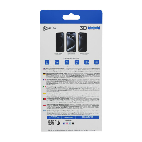 prio 3D Anti-Spy Tempered Glass for iPhone 17 / 16 Pro black [EOL]