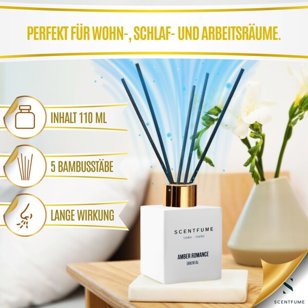 Fragancia para ambientes con varillas perfumadas, difusor, ámbar, almizcle, notas de vainilla, 110 ml