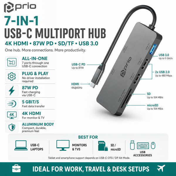 prio 7-in-1 USB C Multiport Hub Adapter – 4K HDMI, Card Reader, SD/TF, USB for PC & Switch