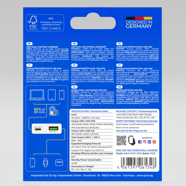 Cargador de energía GaN prio 45W PD PPS (USB C) + QC 3.0 (USB A) blanco