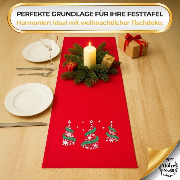 Camino de mesa navideño rojo con bordado de árbol de Navidad 35x120, decoración navideña