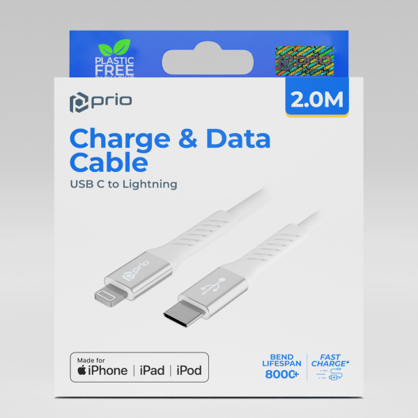 Cable USB C a Lightning con certificación MFi de 2 m, color blanco, para carga y sincronización de Prio