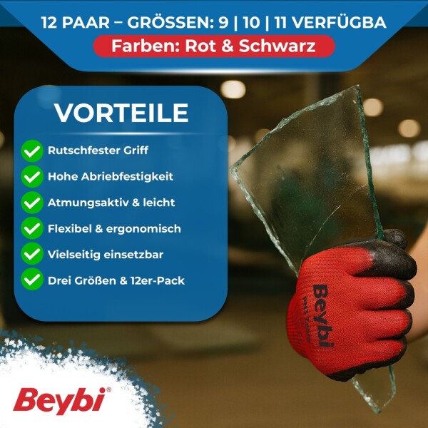 Beybi | 12 pairs of work gloves - polyester, nitrile 1/2 coated, non-slip