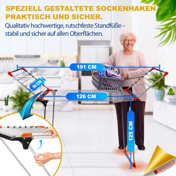 Devecioğlu Clothes Airer 22m Capacity, Extendable, Space Saving, Aluminum