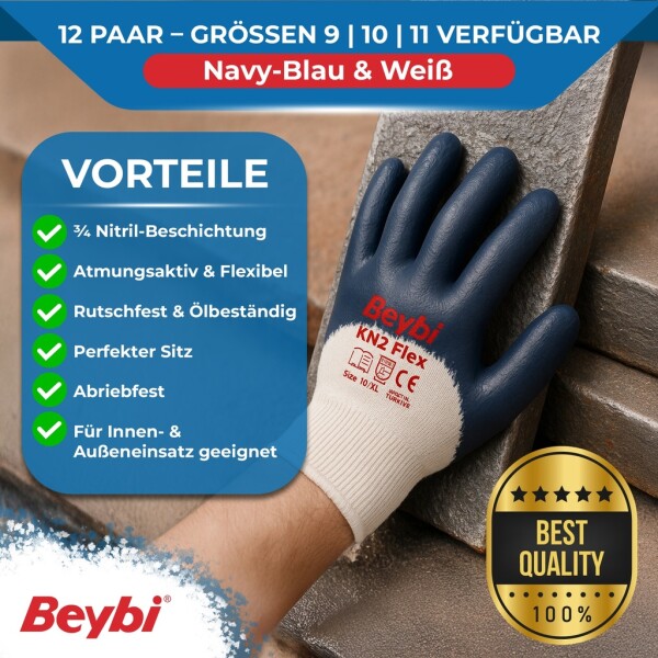 Beybi | 12 pairs of work gloves - cotton, 3/4 nitrile coated